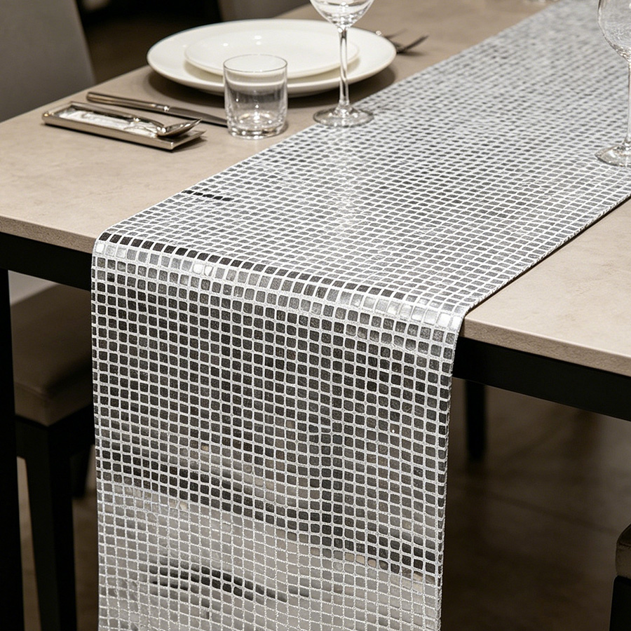 Table Runner Sequin - Taplak Meja Payet Perak Cermin Tema
